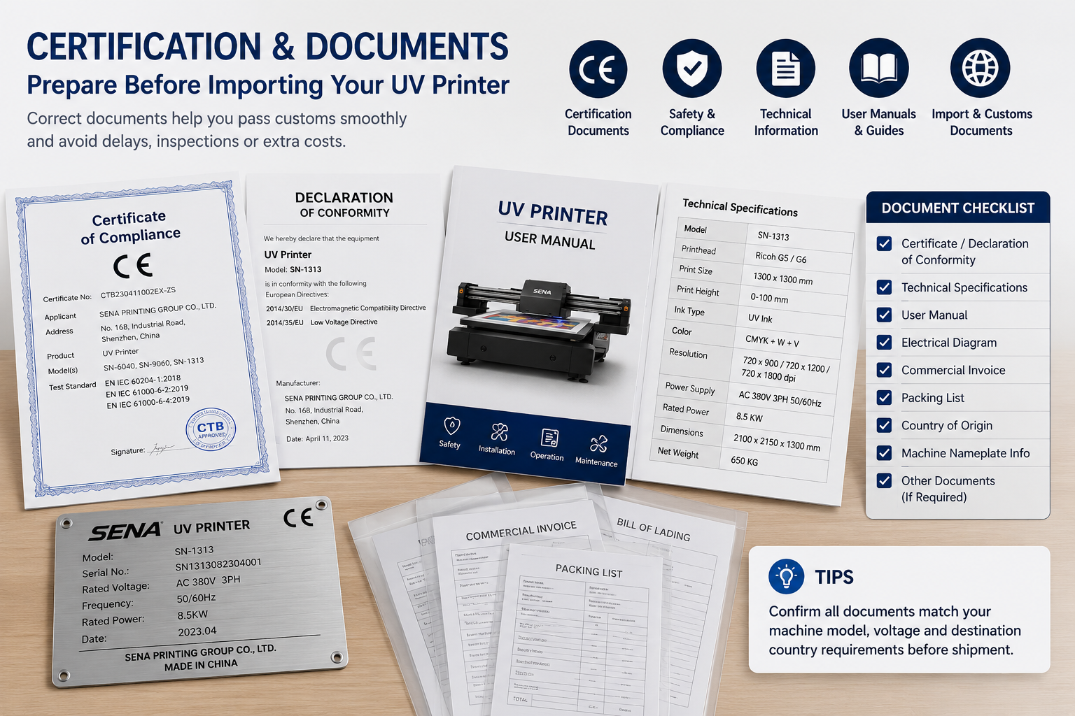 UV printer certification documents, declaration of conformity, technical specifications, user manual, machine nameplate and customs paperwork
