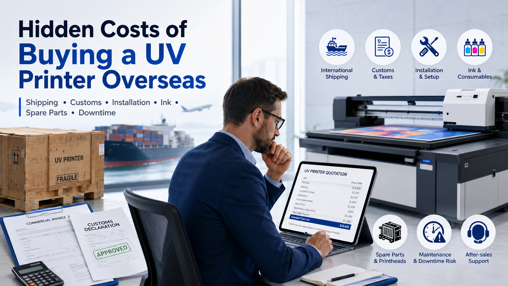 Hidden costs of buying a UV printer overseas, including shipping, customs, installation, ink, spare parts and downtime