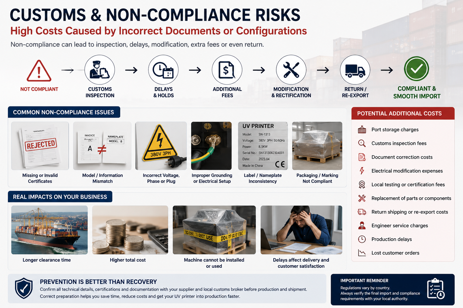 UV printer customs and non-compliance risks including invalid certification, incorrect voltage, document mismatch, inspection, delays and additional costs