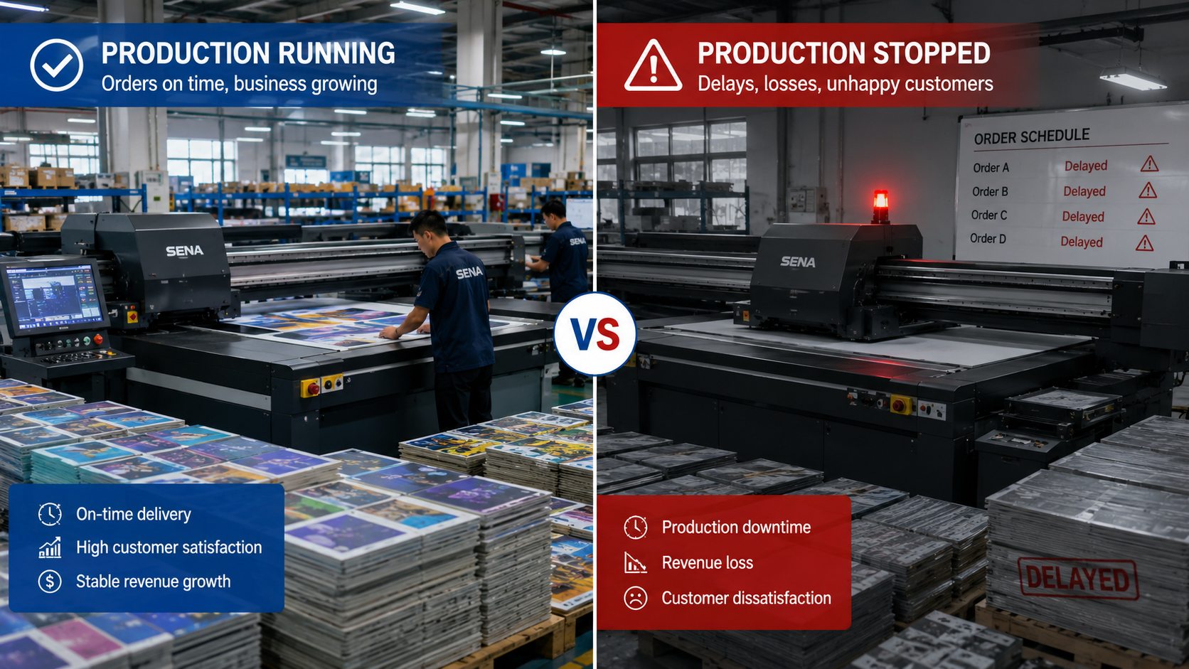 UV printer downtime caused by spare parts delays