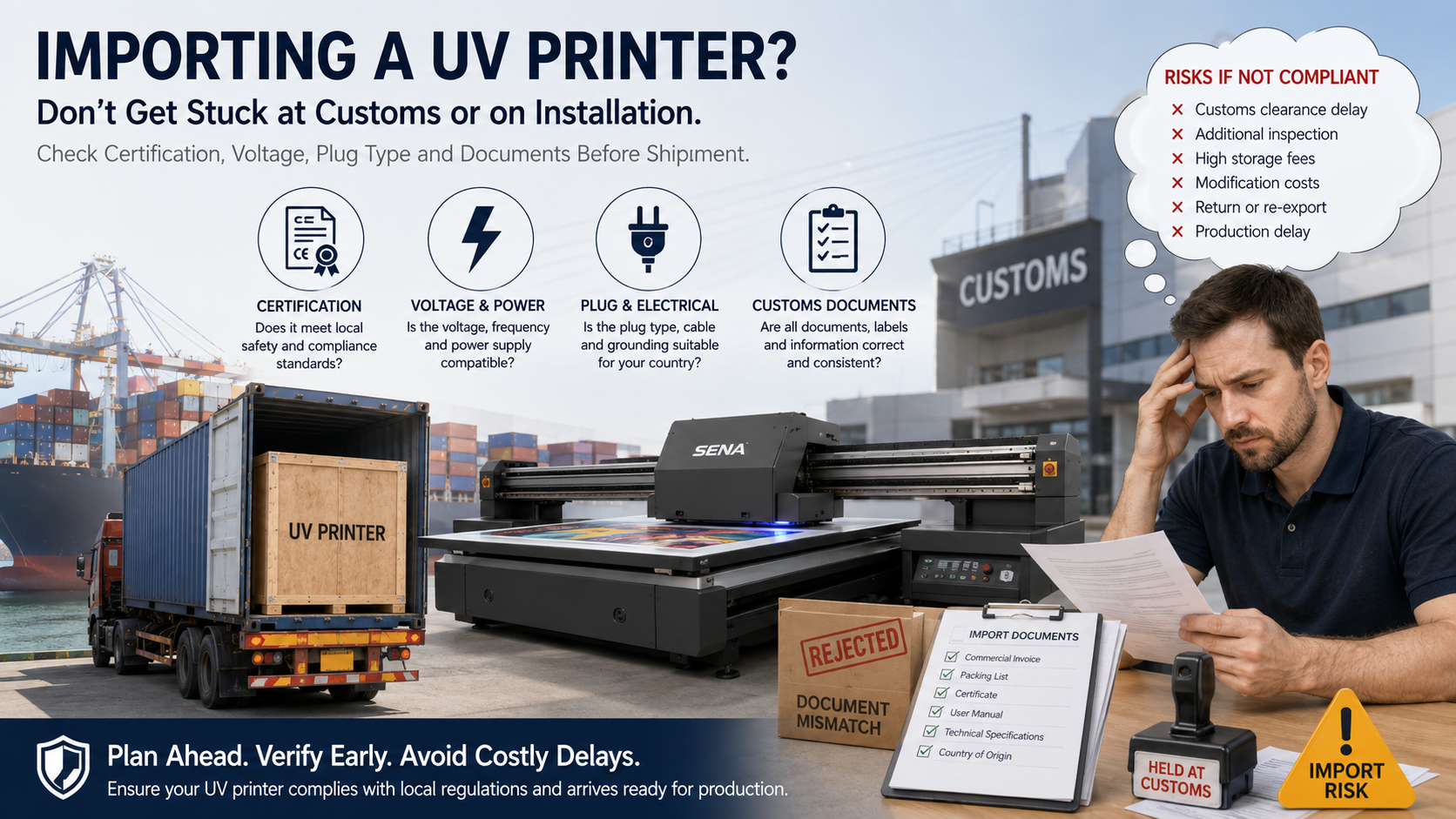 UV printer import compliance guide covering certification, voltage, plug type and customs documents