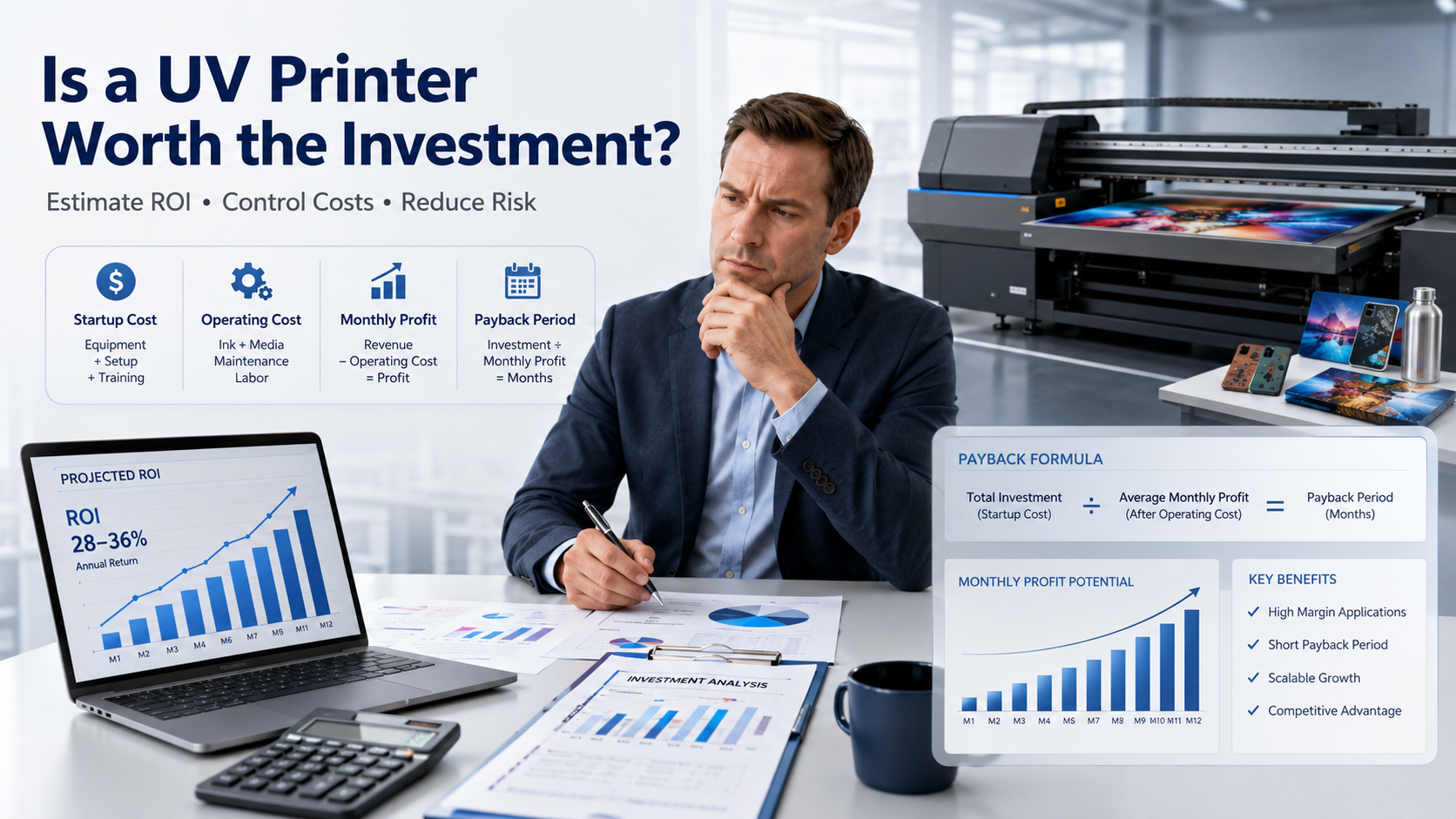 UV printer investment and ROI concerns including startup cost, operating expenses, monthly profit and payback period