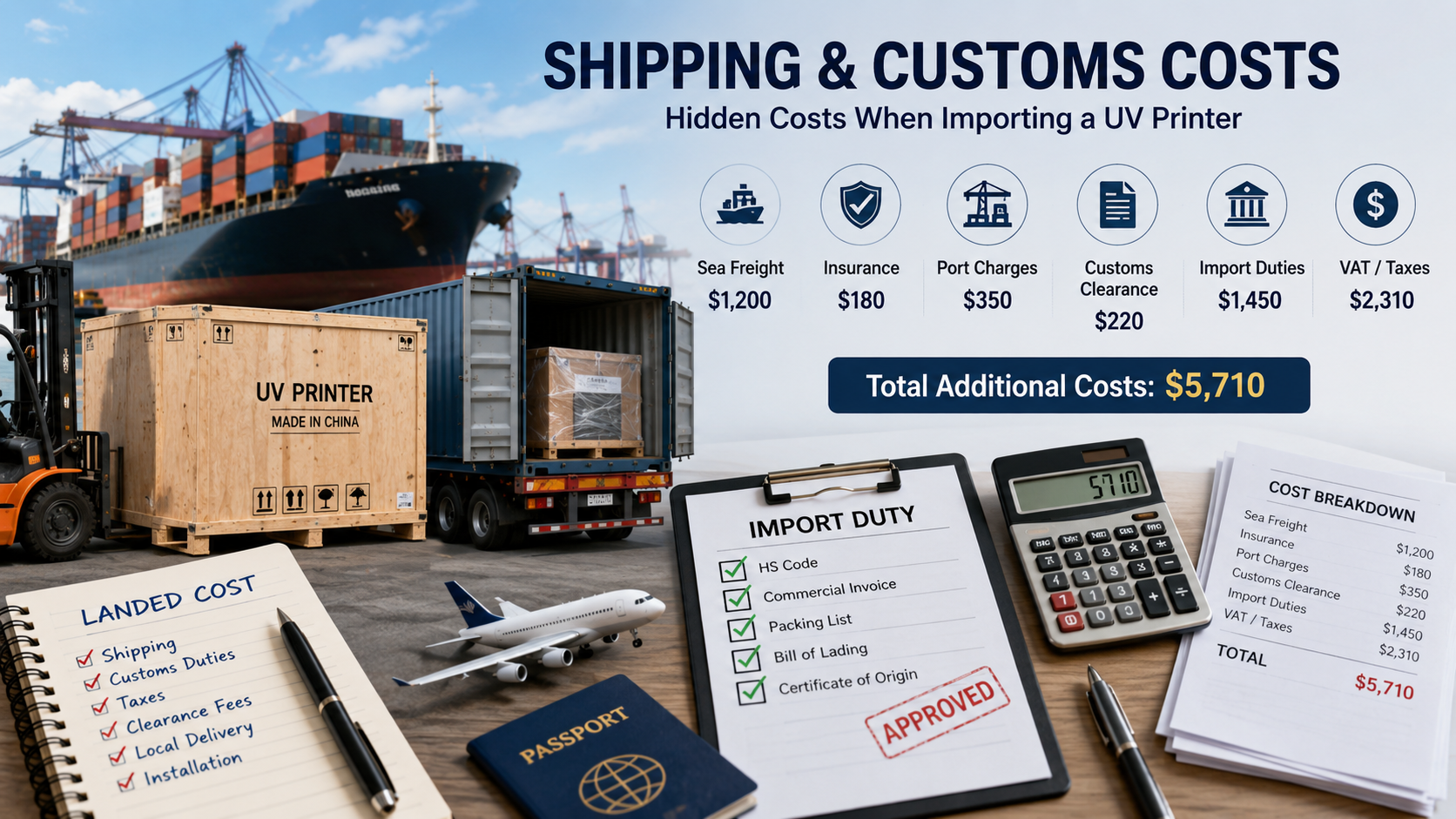 International shipping, customs duties and clearance costs for importing a UV printer