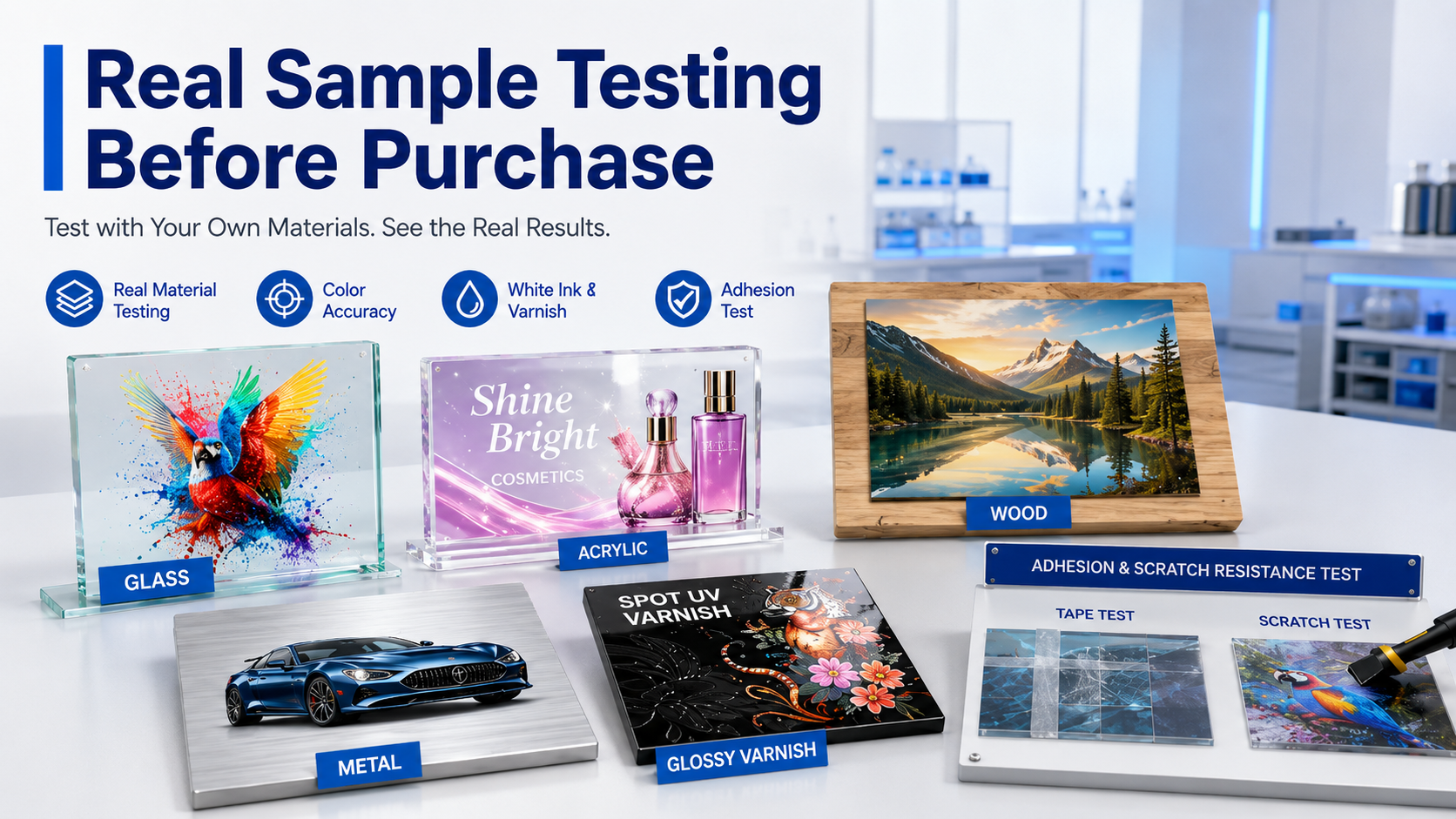 UV printer testing real customer materials before purchase