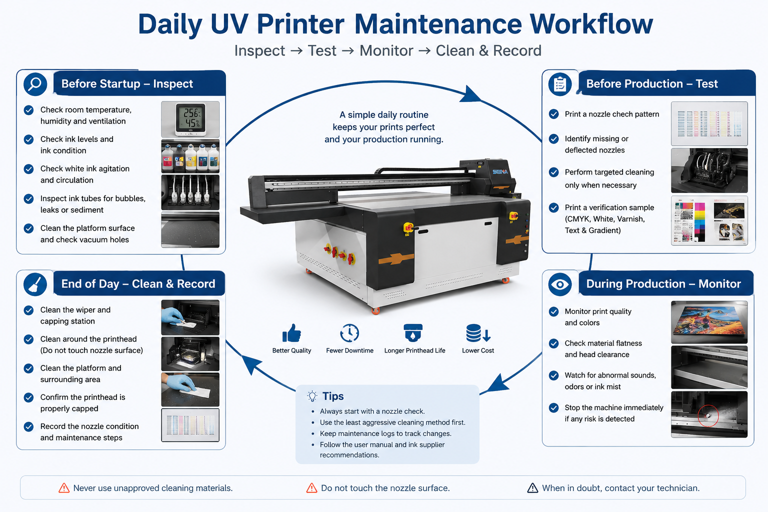 Daily UV printer maintenance and nozzle check workflow