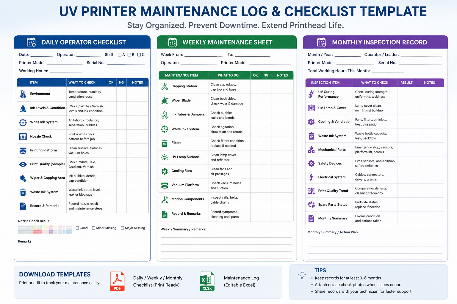 UV printer maintenance log and cleaning checklist template
