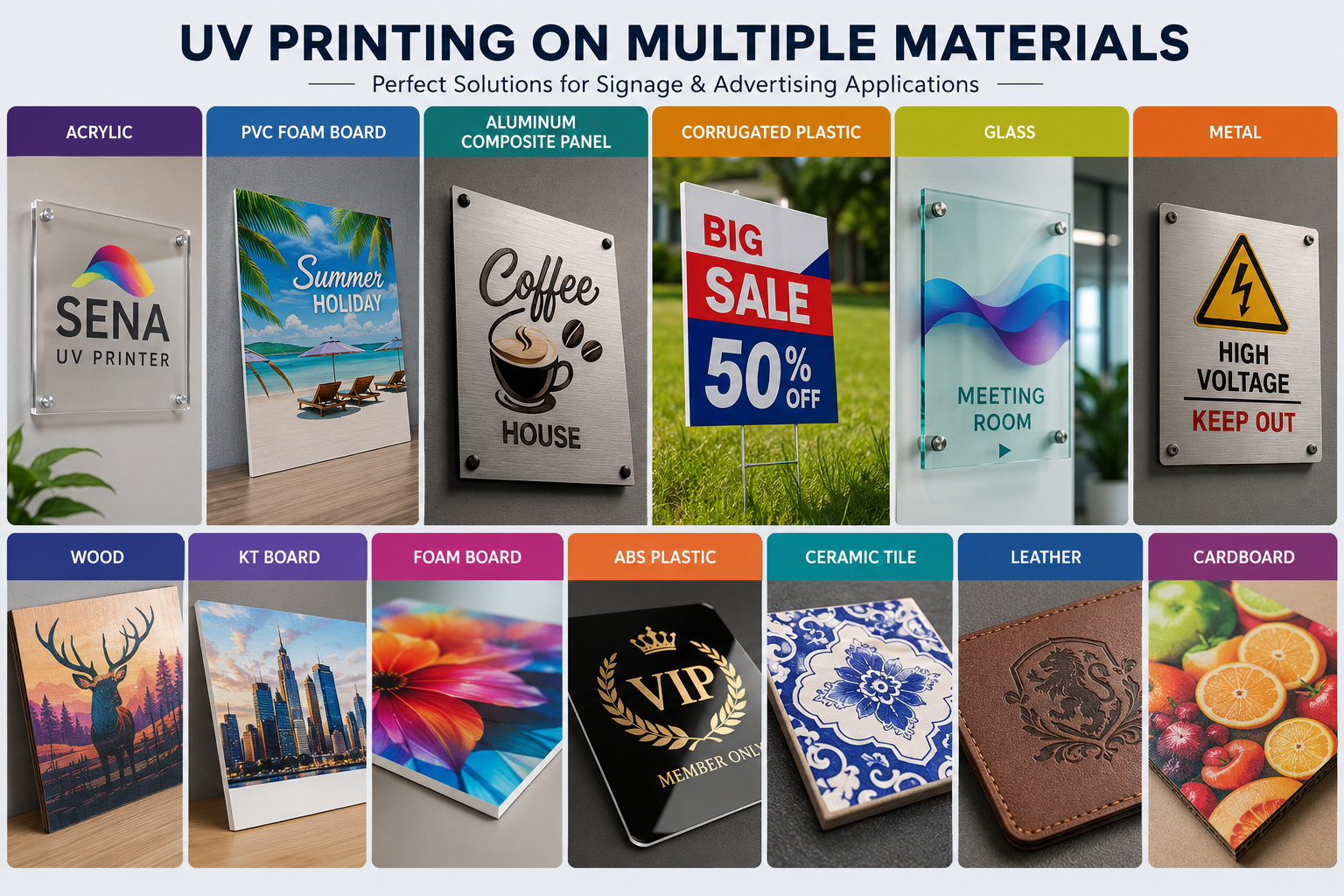 Acrylic PVC metal and display materials for UV sign printing