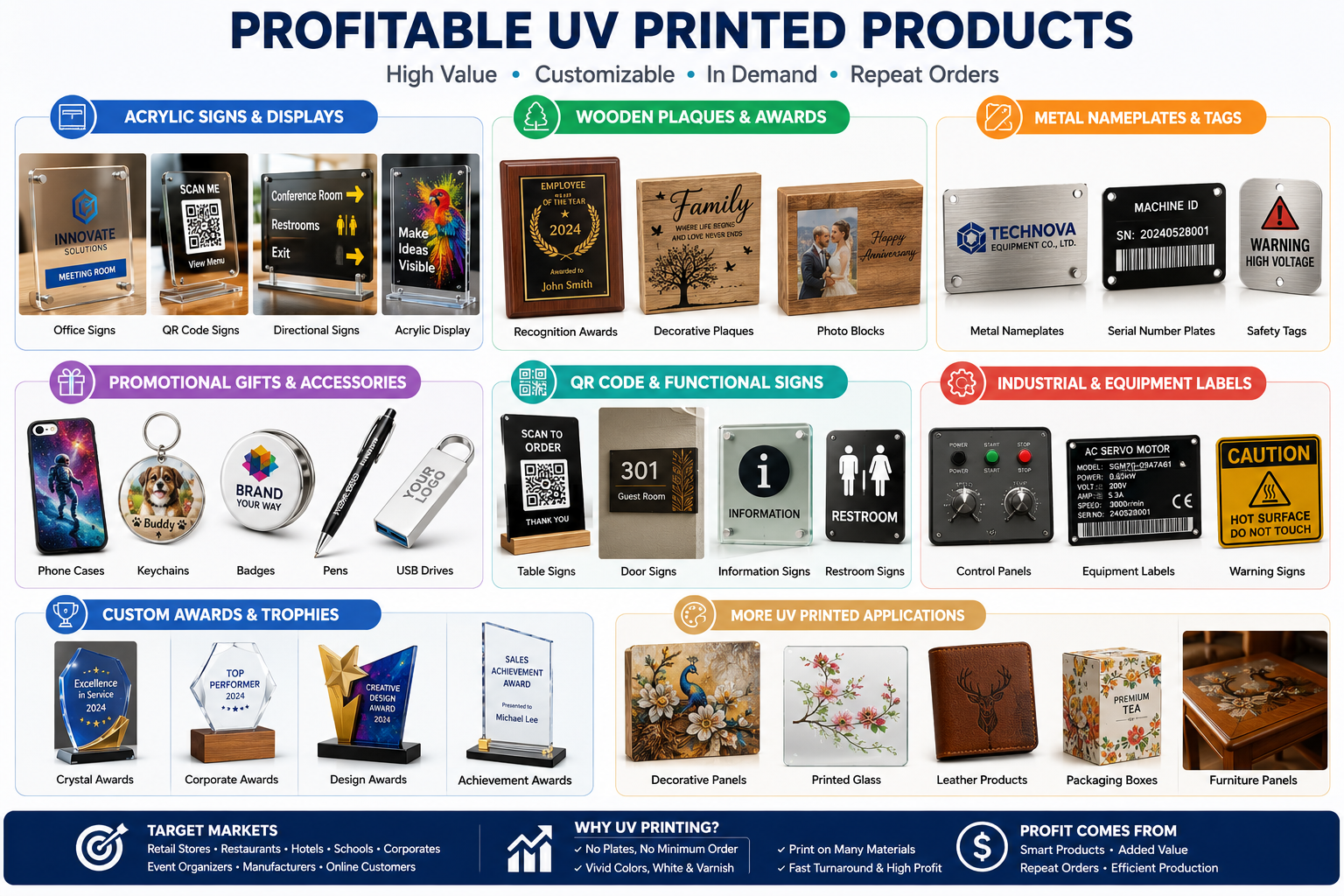 Profitable UV printer products including acrylic signs wood plaques metal nameplates and custom gifts