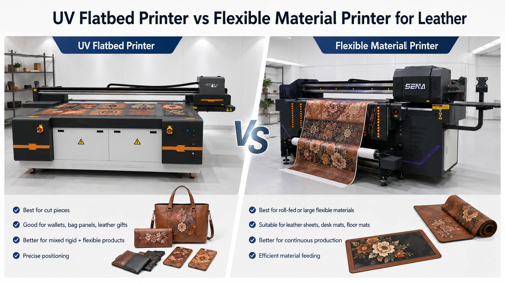 UV flatbed printer vs flexible material printer for leather