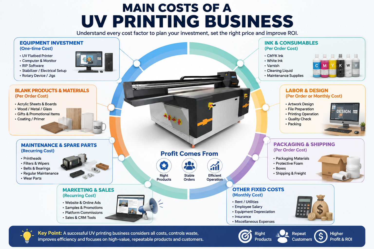UV printing business cost breakdown for equipment materials labor maintenance and marketing