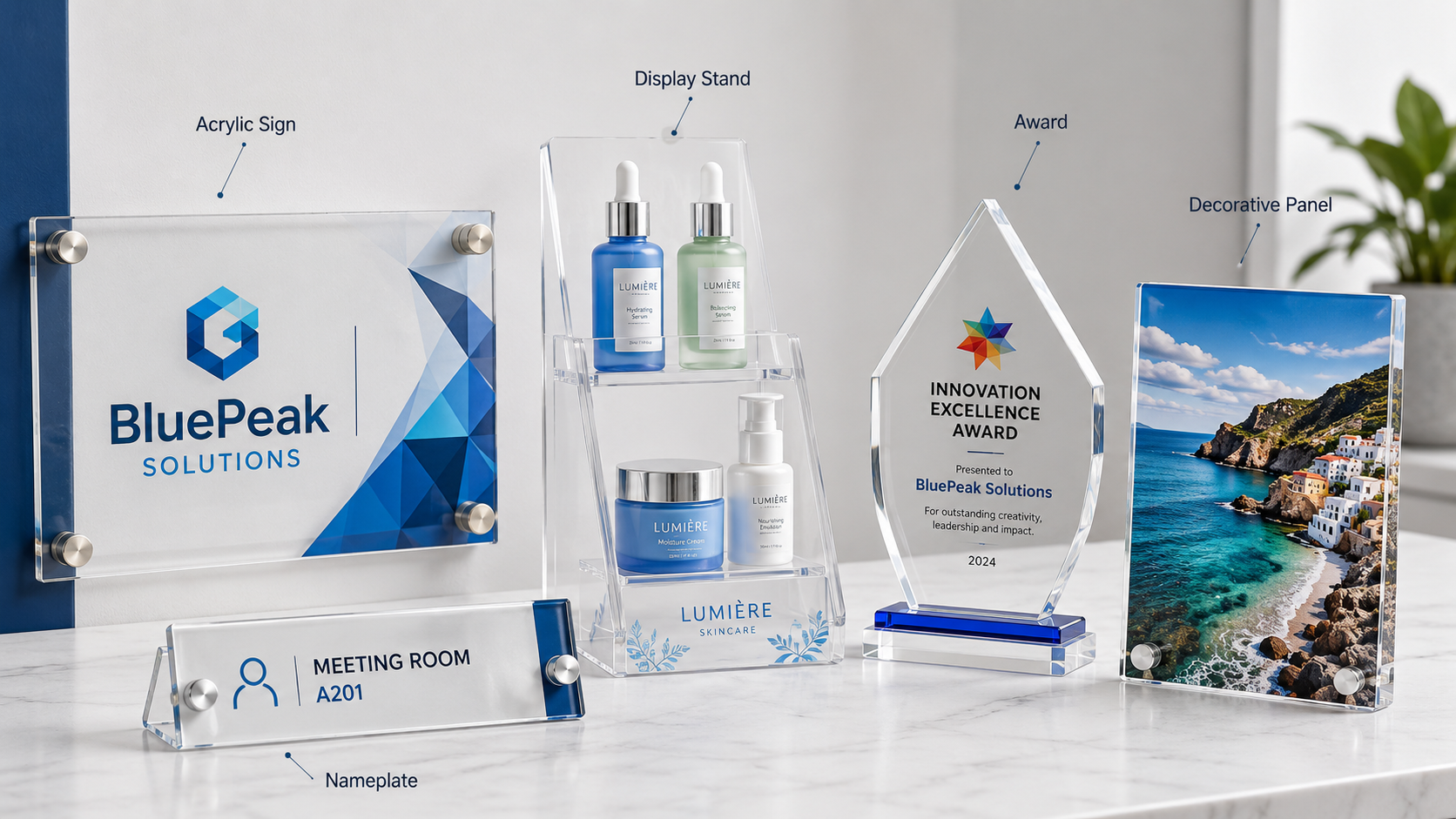 Acrylic sign printing display stands awards and decorative panels