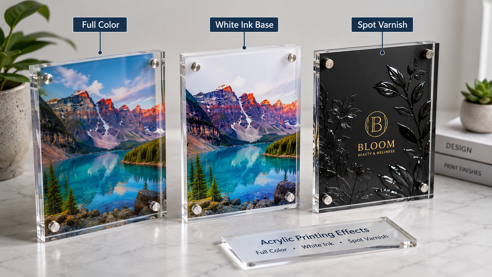 Acrylic UV printer color white ink and spot varnish effects