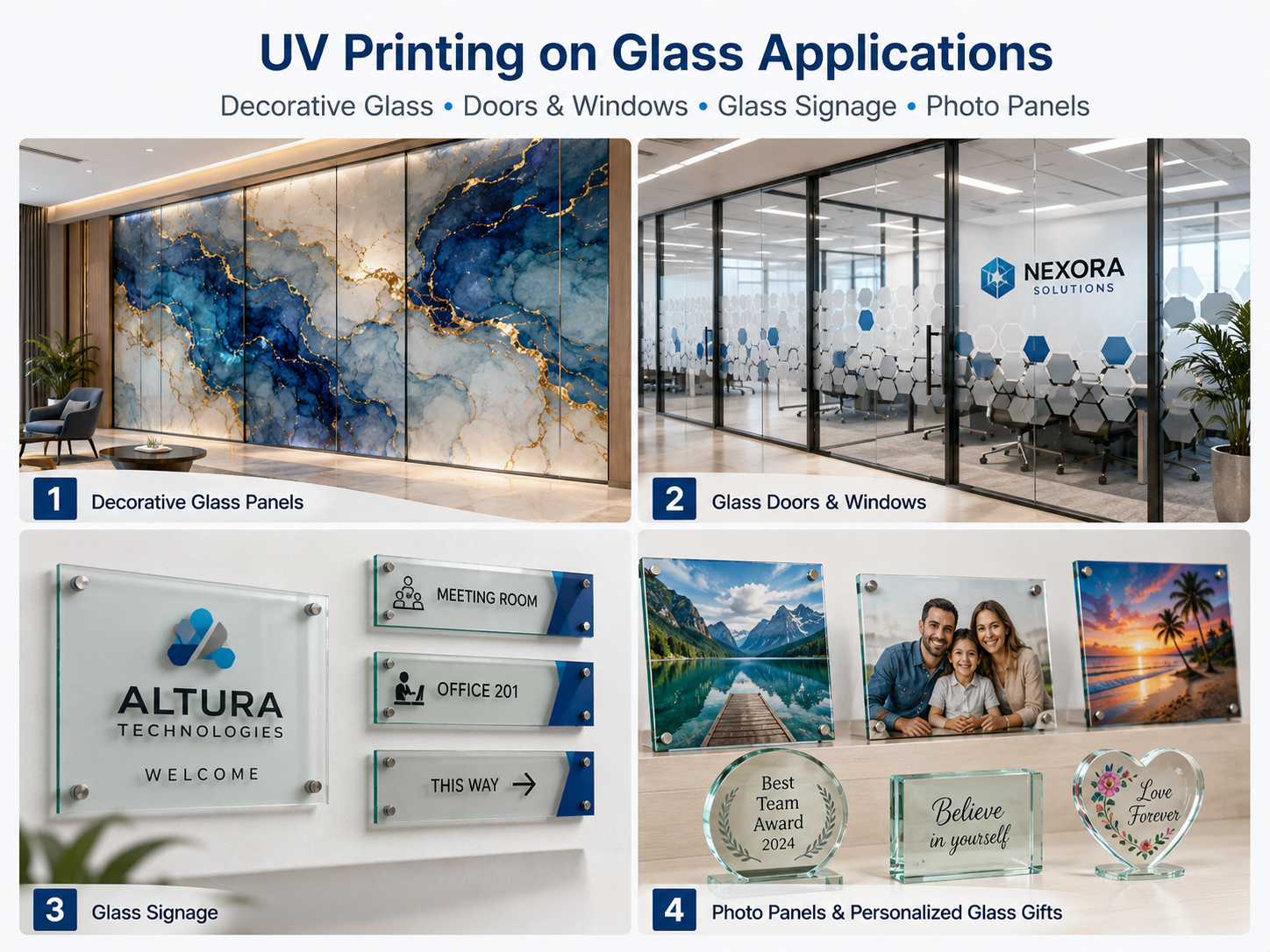 Decorative glass doors signs partitions and printed glass applications