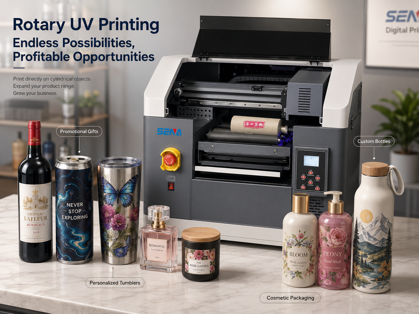 Printed bottles cans tumblers and cosmetic containers by UV printer