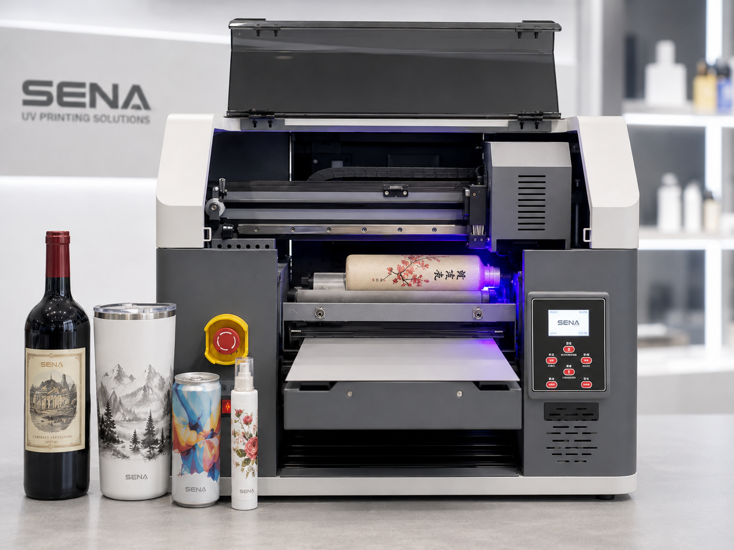 UV printer with rotary device printing cylindrical bottles and tumblers