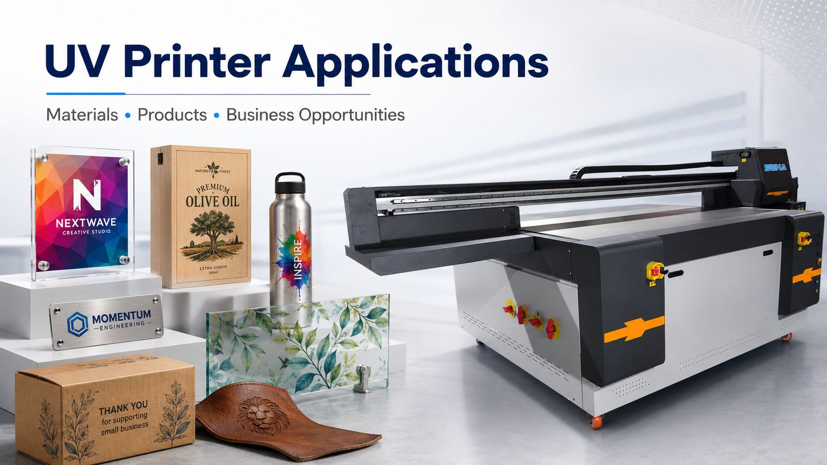 UV printer applications for acrylic wood metal glass gifts packaging and flexible materials