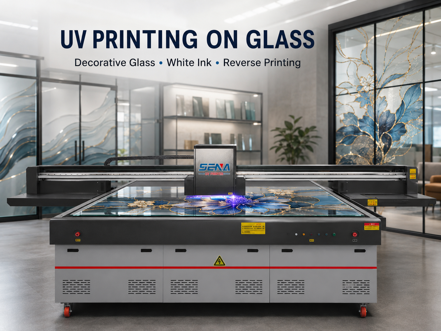 Glass engraving machine printing decorative glass panels