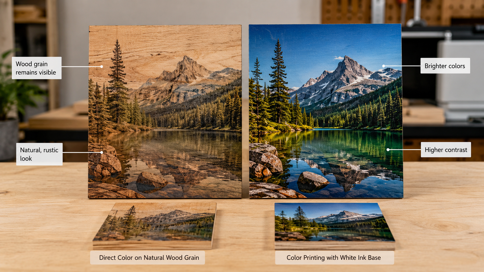 Comparison of natural wood grain printing and white ink base printing