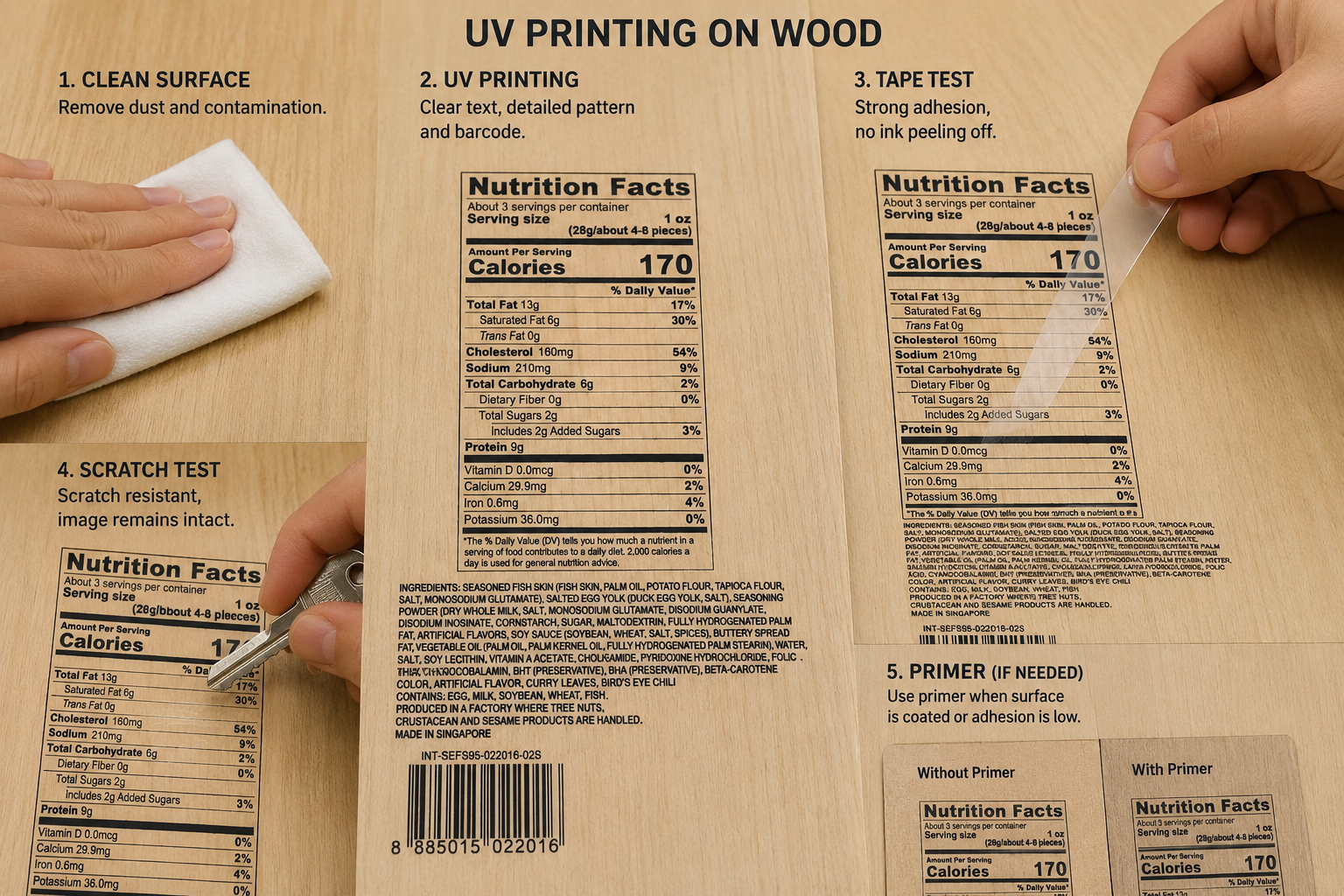UV ink adhesion tape and scratch test on printed wooden panels