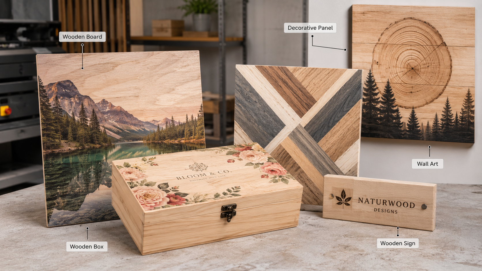 UV printing applications for wooden boards boxes furniture panels and wall art