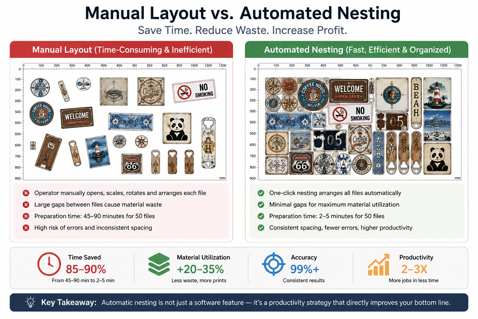 automatic nesting for printing manual layout versus automated UV printing nesting