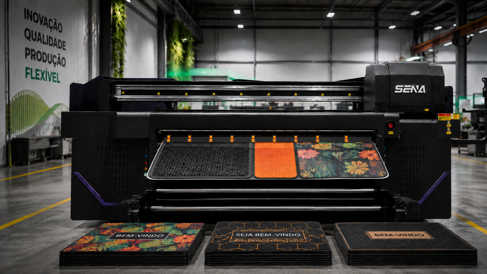 Brazilian floor mat manufacturer using conveyor UV printer for flexible material production