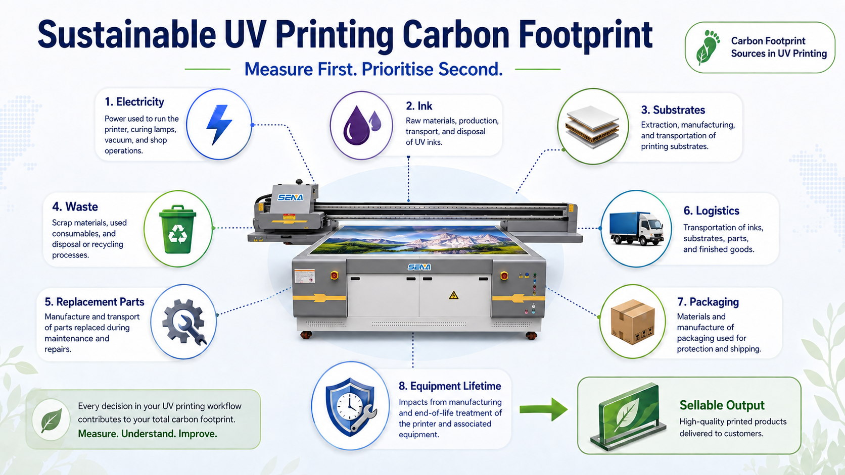 sustainable UV printing carbon footprint including electricity ink substrates waste logistics and equipment