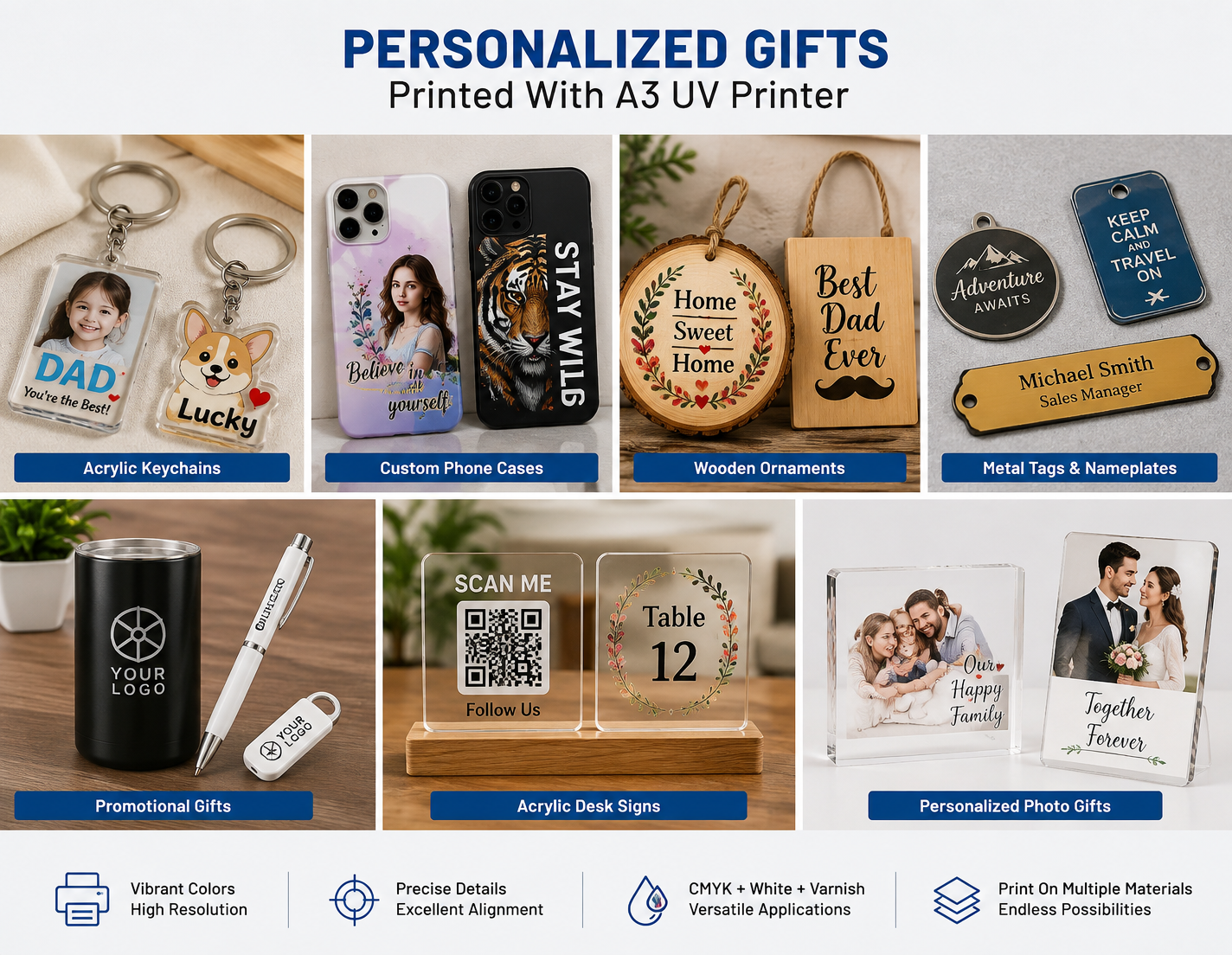 Personalized gifts printed with an A3 UV printer including acrylic keychains phone cases wood and metal products