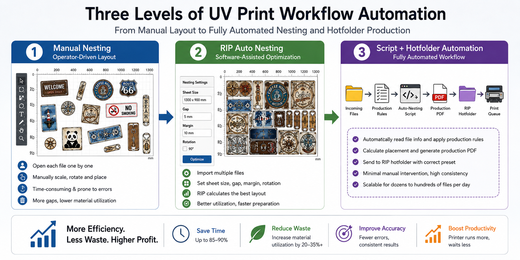 UV printing nesting workflow from manual nesting to RIP nesting and script automation