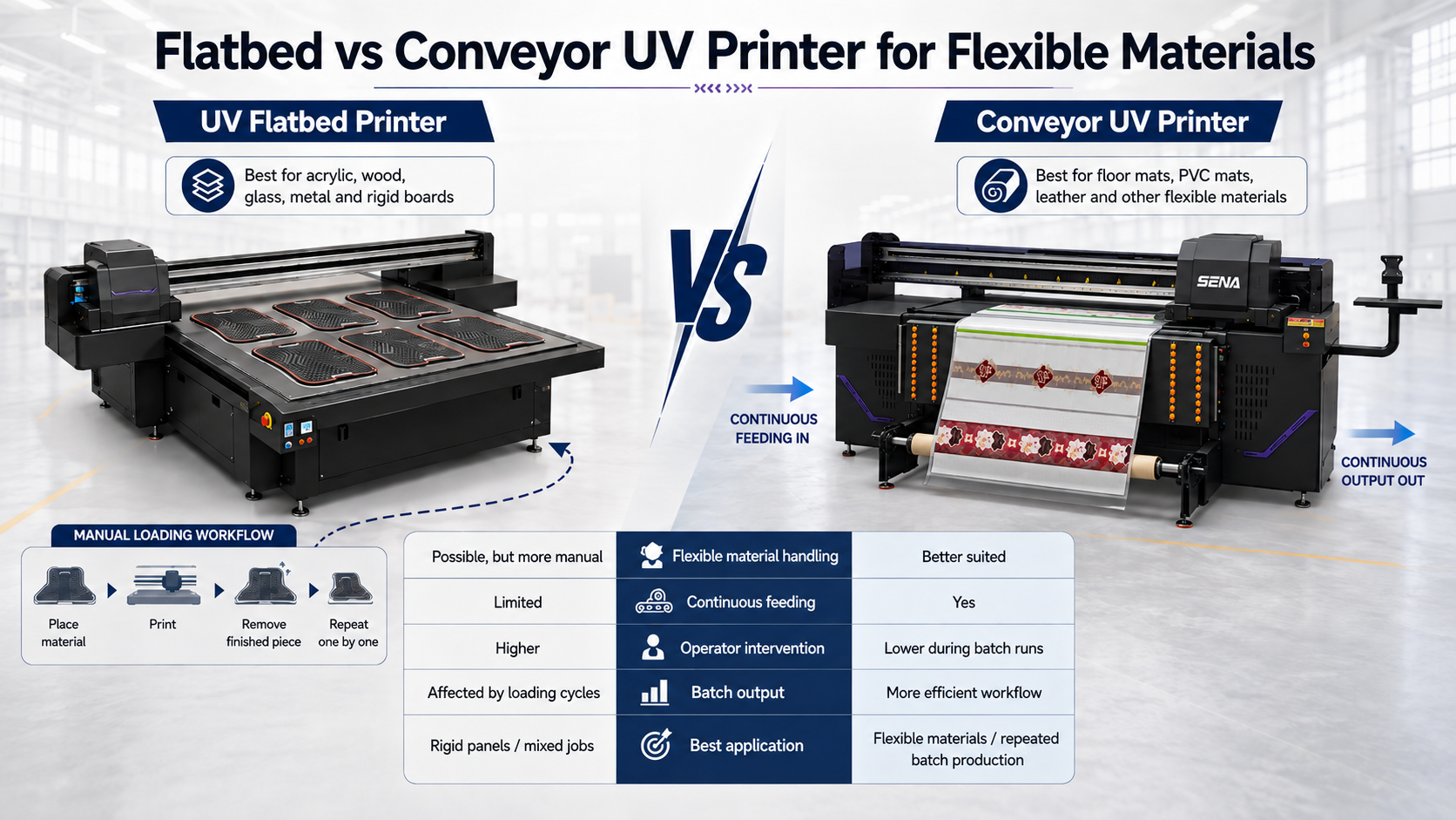 Flatbed vs conveyor UV printer comparison for flexible materials