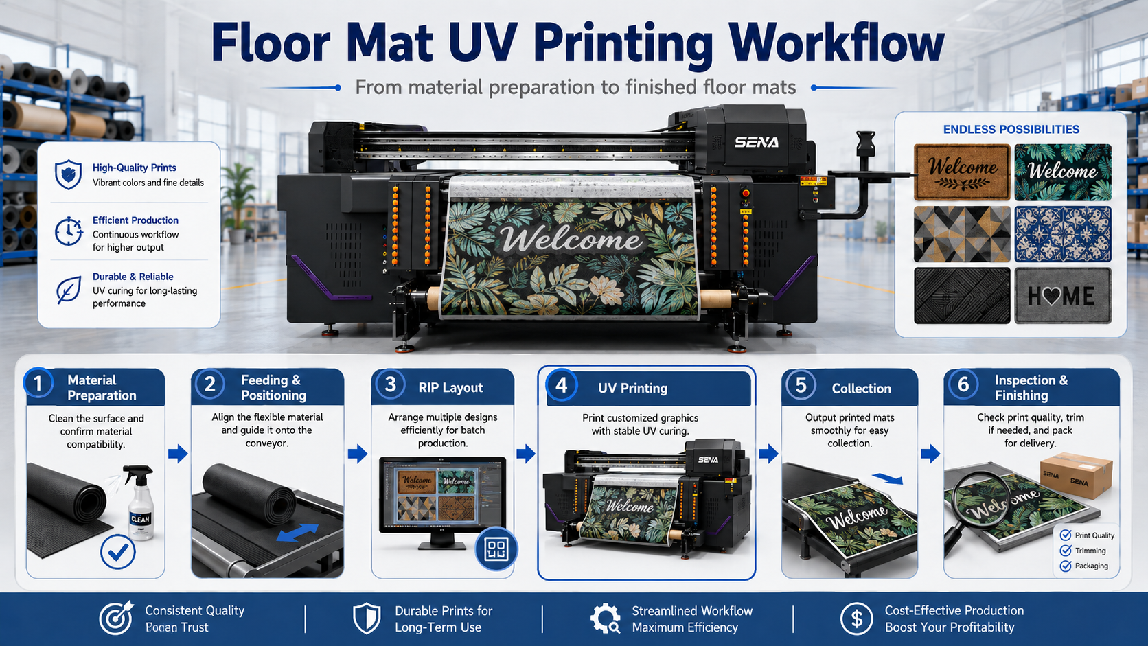 Floor mat UV printing workflow with 1800mm conveyor UV printer