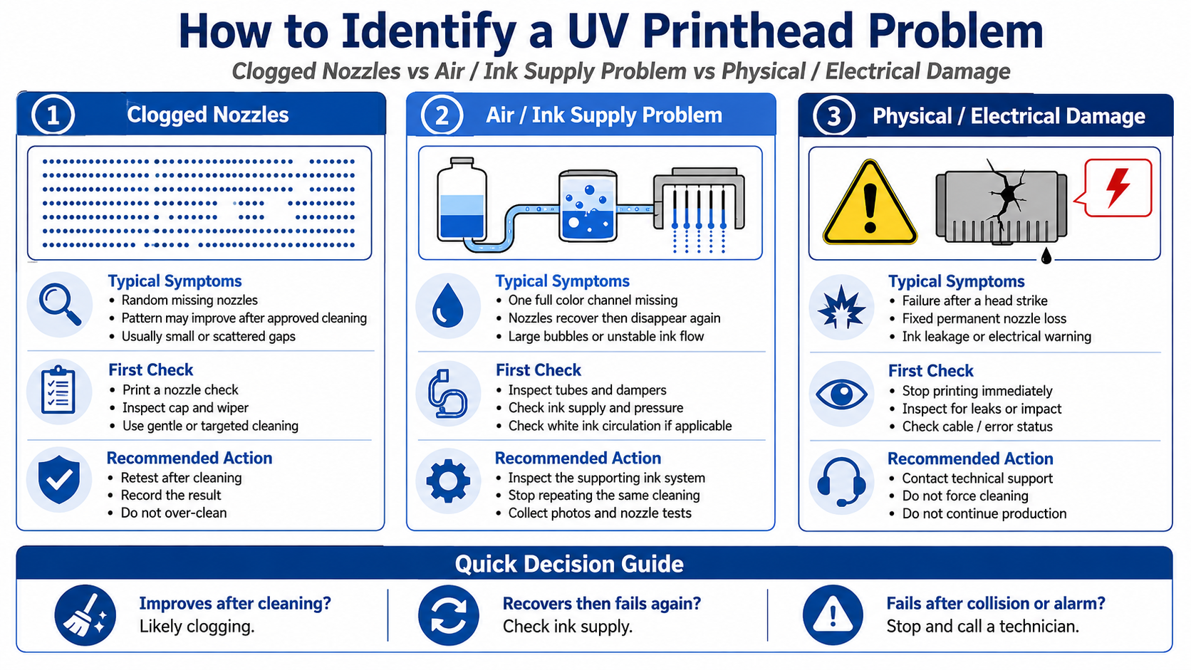 How to identify a clogged airlocked or damaged UV printhead