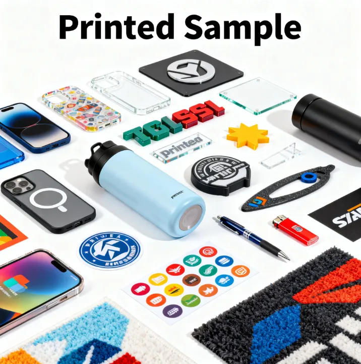 SENA UV flatbed printer printing on multiple material samples