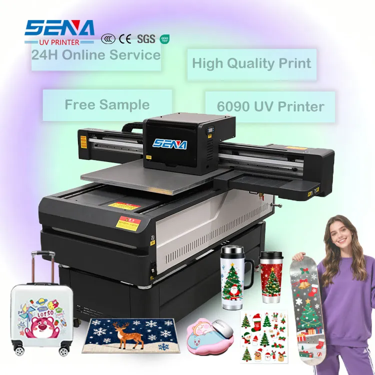 Collage of items printed by a UV flatbed printer: phone case, metal sign, ceramic tile, perfume bottle