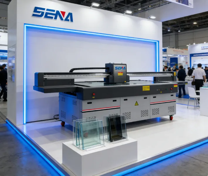 UV flatbed printer creating intricate designs on glass surface