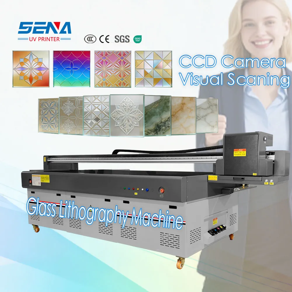 UV flatbed printer creating intricate patterns on glass surface