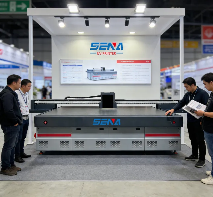 SENA UV printer handling curved tempered glass panel